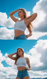two photos show a woman with long hair