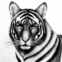 a tiger with black and white stripes is looking forward