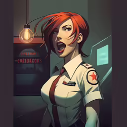 a woman in uniform looks like she is holding a gun