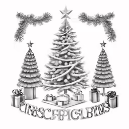 a black and white christmas card with a tree