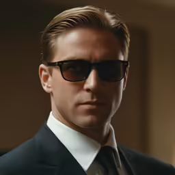 the man with a black suit and tie is wearing sunglasses