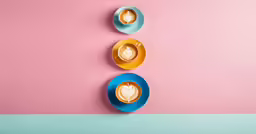 the coffee latte art is on display with three cups of cappuccino