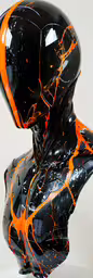 a close up view of a black and orange statue,a black and orange robot sculpture on a white background
