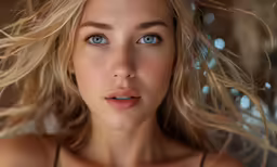 woman looking to her left while she has blowing her hair