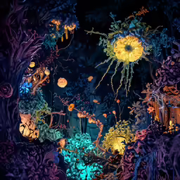 the dark background has many flowers and plants