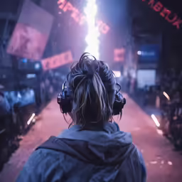 a woman wearing headphones looking down a dark alley