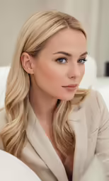 blonde woman with long hair wearing a suit