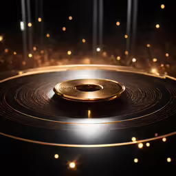 a gold and black record is shown with spotlights