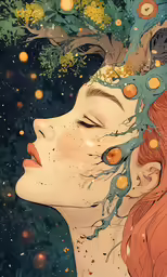 the woman is wearing flowers in her hair