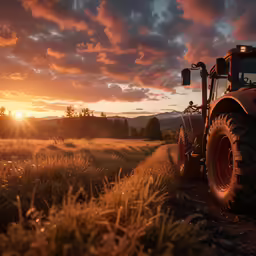 tractor in the field during sunset with clouds above