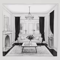 black and white drawing of a living room with fireplace