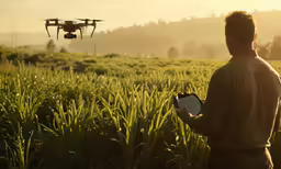 a man in a field watching a small, black - headed, crop plane overhead