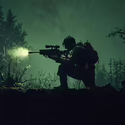 a soldier is aiming a gun into the night sky