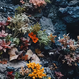 a close up of many colorful flowers on top of a rock