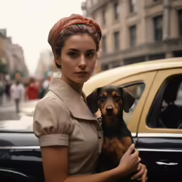 a woman holding a dog in front of a car