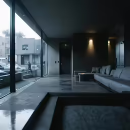 the living room features a black sofa and several vehicles