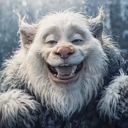 an elaborate white horned animal with long fur and a large nose