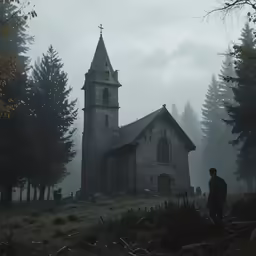 a person is walking away from an old church