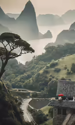 an aerial view of hills, a small building, a road and a body of water