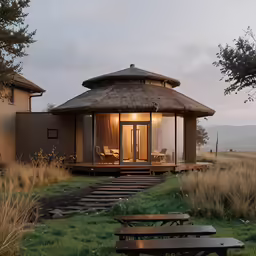 a tiny home with grass roof and glass front