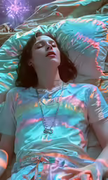 a woman wearing glow clothing lying in bed