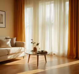 a couch with pillows and a vase on the table