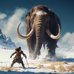 a man standing next to an elephant in the snow