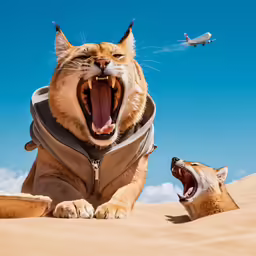 two wild animals are on the sand and one is screaming