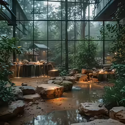 an outdoor room lit with candles, surrounded by rocks and plants