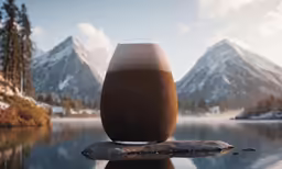 an empty mug sitting on the edge of a lake