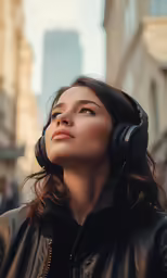 a woman listening to music outside while wearing headphones