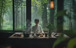 a woman sitting at a table with a large window