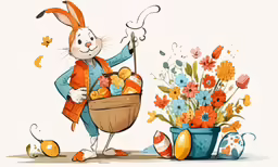 the rabbit with the basket and a vase of flowers