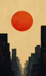 a painting of an orange circle on a city background