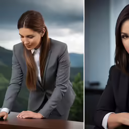 a young business woman with long brown hair standing at a desk