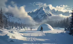 a lone skier is seen heading down a snowy mountain