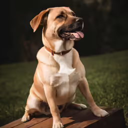 an image of a dog on a bench outside