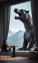 the woman is sitting at the table next to the large dinosaur in the window