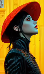 a female in a red hat wearing black leather