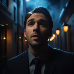 a man in a suit and tie standing in an alleyway