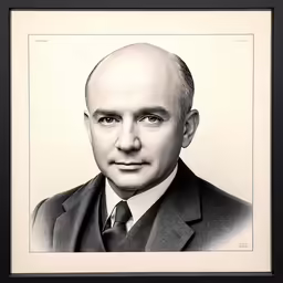 a black and white photo of an older man wearing a suit