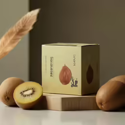 a box of kiwi fruit next to some cut fruit
