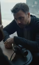 a man sitting at a table with his hands on a camera