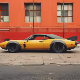 a yellow car parked on the side of the street