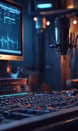 microphone next to a keyboard in front of a computer screen
