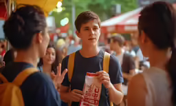 a group of young people standing on a sidewalk