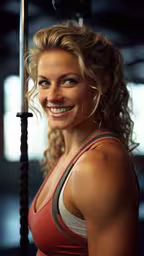 a smiling woman holding a pole and smiling,a woman with an intense smile holding a pole