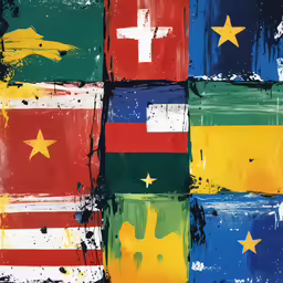 an old and colorful wall with flag shapes painted on it