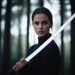 a woman with long hair holding two swords
