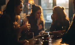 three girls gathered around a table talking to each other